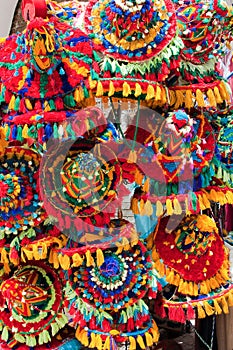 Multicolored waterman hats to sell in a street market. Morocco