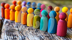 Multicolored Wooden Figurines Aligned to Symbolize Variety, Togetherness, and Incorporation within Societies and