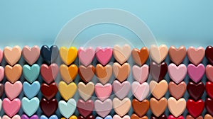 Multicolored wooden pastel colored hearts on a blue background