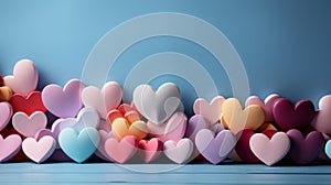 Multicolored wooden pastel colored hearts on a blue background