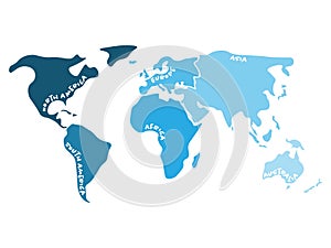 Multicolored world map divided to six continents in s - North America, South America, Africa, Europe, Asia and Australia