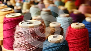 Multicolored yarn spools used in textile industry. Set of colored threads for sewing on coils. Pile of big colorful spools of