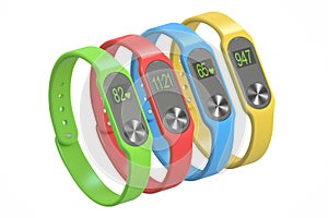 Multicolour activity trackers or fitness bracelets, 3D rendering