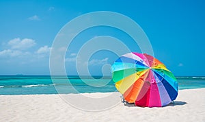 Colourful rainbow umbrella on beautiful sunny day, Arashi Beach Aruba, Caribbean photo