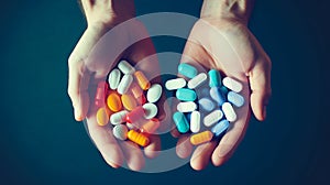 Multicoloured antibiotic pills in hand on a blue background