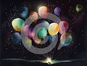 Multicoloured balloons being released into the night sky signalling the start of a celebration. Lifestyle concept. AI