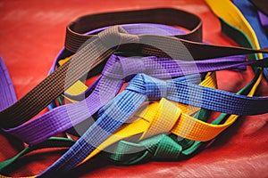 Multicoloured karate belts on red background