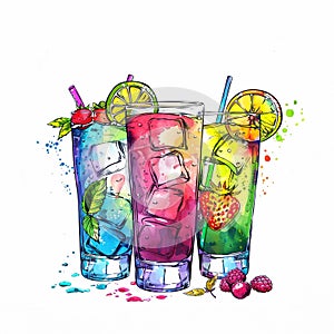 Multicoloured lemonade in glass with lemon slices and mint leafs and ice on white background