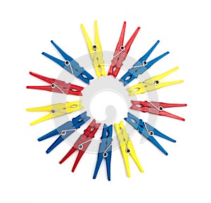 Multicoloured plastic clothes pegs