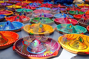 Multicoloured Traditional Mexican Sombrero Hat Ashtrays on a Market Stall in Tepotzlan