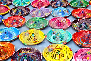 Multicoloured Traditional Mexican Sombrero Hat Ashtrays on Tepotzlan Market Stall