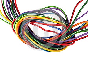 Multicoloured wire on a white background.