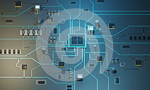 Multicore processor on an integrated circuit. Data streams. Neon lines. Integrated circuits. Chips RAM