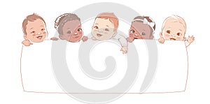 Multicultural babies hold a blank board. Cute little baby on a white background. Show a blank poster for text entry.