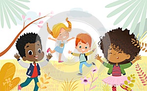 Multicultural Boys and girls happily jump. Kids Play outdors. Colorful flowers and trees at the background