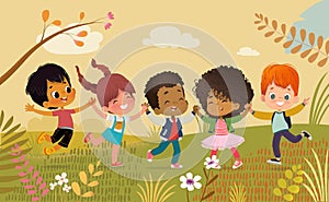 Multicultural Boys and girls holding hands and happily jump. Kids Play outdors. Colorful flowers and trees at the