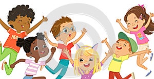 Multicultural boys and girls play together, happily jump and dance. Concept of fun and vibrant moments of childhood