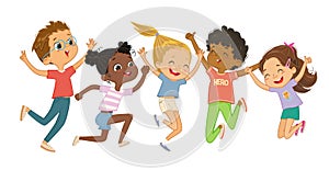 Multicultural boys and girls play together, happily jump and dance. Concept of fun and vibrant moments of childhood