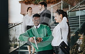 Multicultural business team discussing strategy outdoors