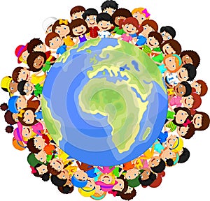 Multicultural children cartoon on planet earth