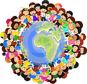 Multicultural children cartoon on planet earth photo