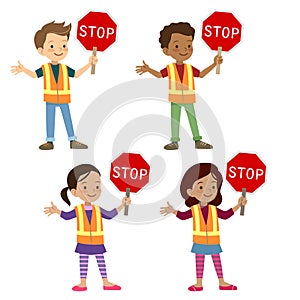 Multicultural children in crossing guard uniform