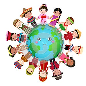 Multicultural children holding hand around the world