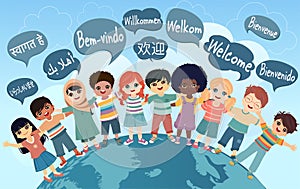 Multicultural children hugging.Speech bubbles with text -Welcome- in various international languages