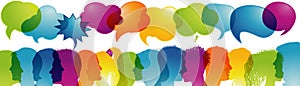 Multicultural communication.Speech bubble.Dialogue group diverse multiethnic people.Speak.Sharing ideas - thoughts.Communicating t