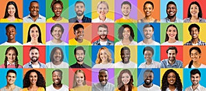 Multicultural community concept. Collage of smiling diverse people headshots over bright studio backgrounds, banner
