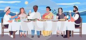 Multicultural dinner flat color vector illustration photo