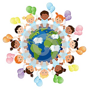 Multicultural group of babies sitting around the planet earth