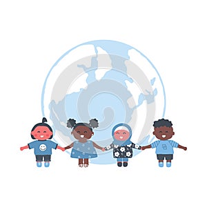 Multicultural group of children holding hands. Kids stand on the globe background