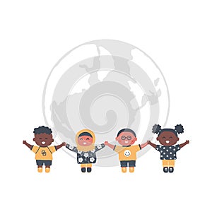 Multicultural group of children holding hands. Kids stand on the globe background