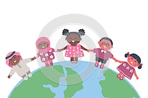 Multicultural group of children holding hands. Kids stand on the globe. Happy baby girls and baby boys