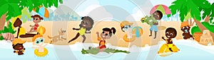 A multicultural group of children play on the seashore, swim in inflatable circles, play ball, with a dog, a girl swims.