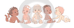 Multicultural group of cute little little baby boys and baby girls in a diapers sitting on a white