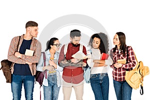 multicultural group of people looking at book in hands of handsome man  isolated