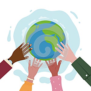Multicultural hand holding Earth. World diversity. International people for peace together. Save and support planet