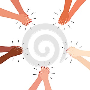 Multicultural hands applaud. Clap around. Greetings, thanks, support. Vector illustration on white background