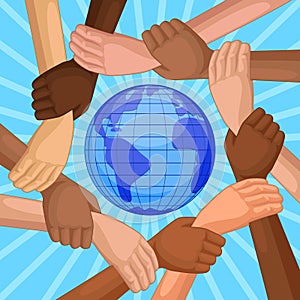 Multicultural hands around globe