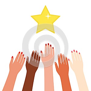 Multicultural hands reach rewards, reach for the stars. Motivation, aspiration, goal, competition, advantage