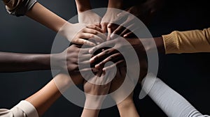 Multicultural joining of hands, Support group meeting, Togetherness, Top view