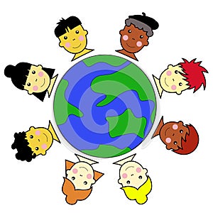 Multicultural Kid Faces United Around Earth Globe