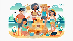Multicultural Kids Building Sandcastle photo