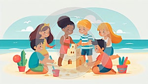 Multicultural Kids Building Sandcastle photo