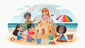 Multicultural Kids Building Sandcastle photo