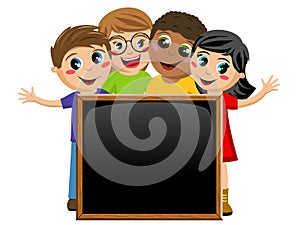 Multicultural kids or children behind blank blackboard chalkboard isolated