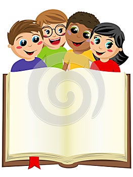Multicultural kids children behind blank open big book isolated
