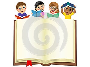 Multicultural kids children playing reading behind blank open big book isolated